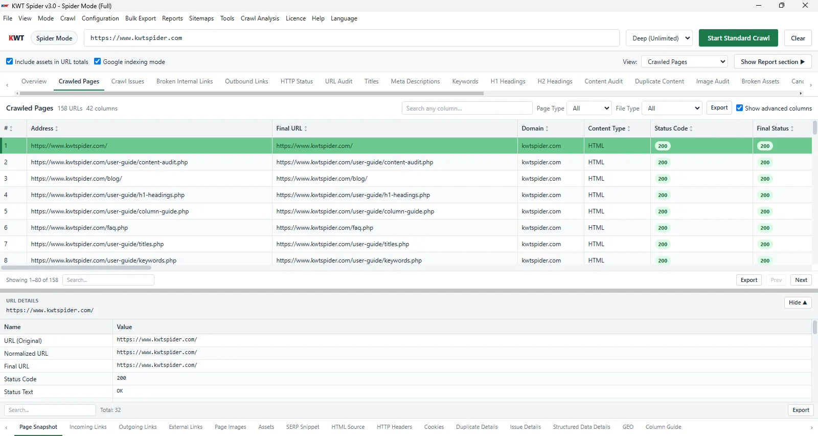 KWT Spider crawl pages interface showing URL diagnostics