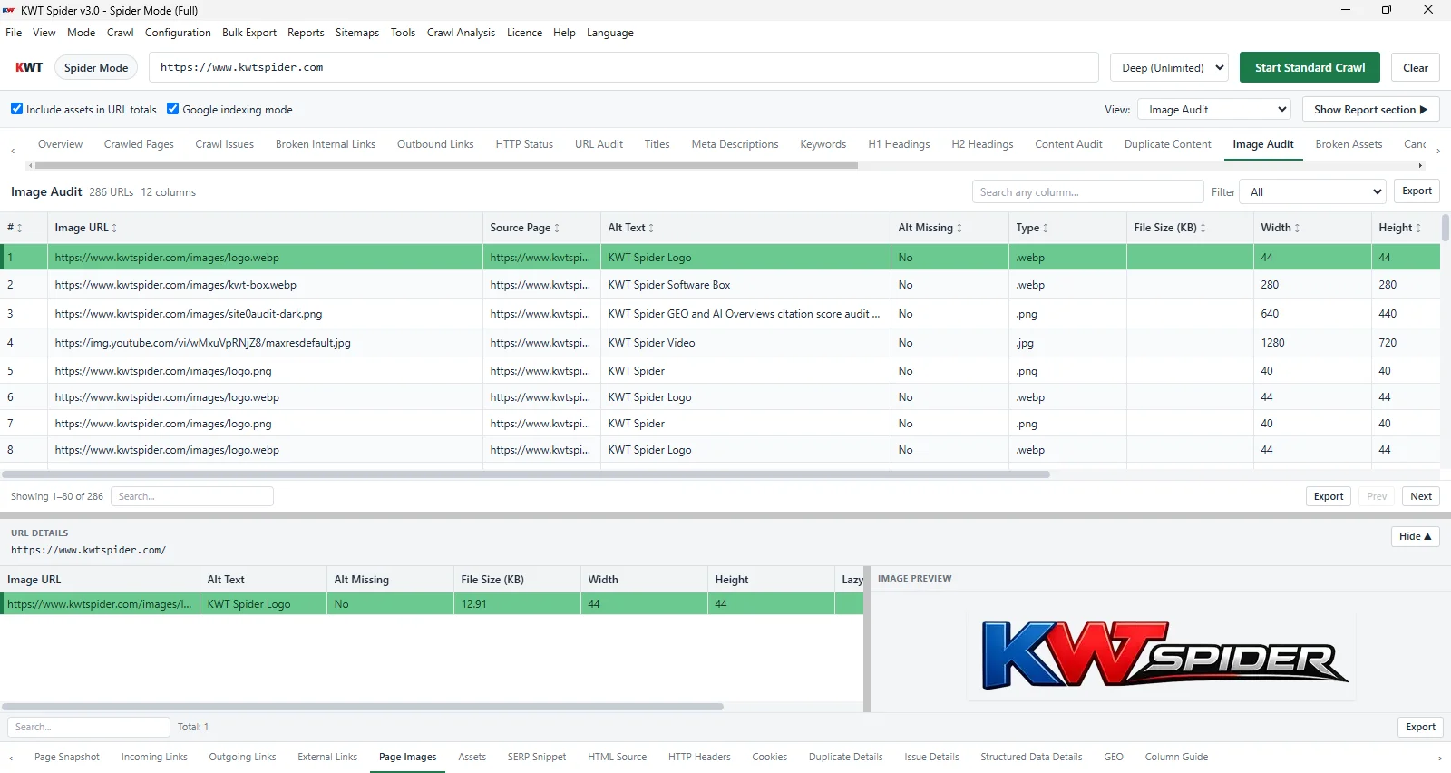 Images audit tab in KWT Spider